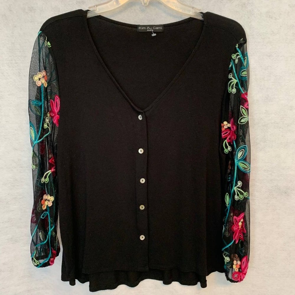 Kim & Cami Cardigan/Top Embroidered‎ Sheer Long Sleeves Women's Size M
